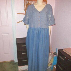 Marisol Crochet Denim Maxi Dress Size 2X Pockets Pleated Prairie Country Modest